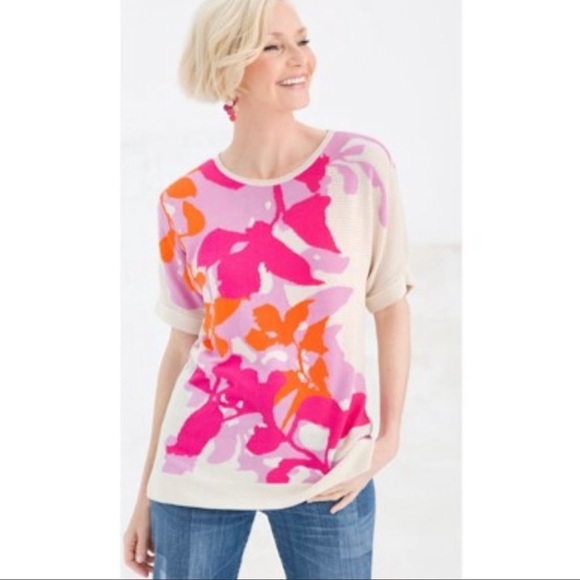 Chico’s Sweater 2 White Orange Pink Lotus NWT - Picture 1 of 8
